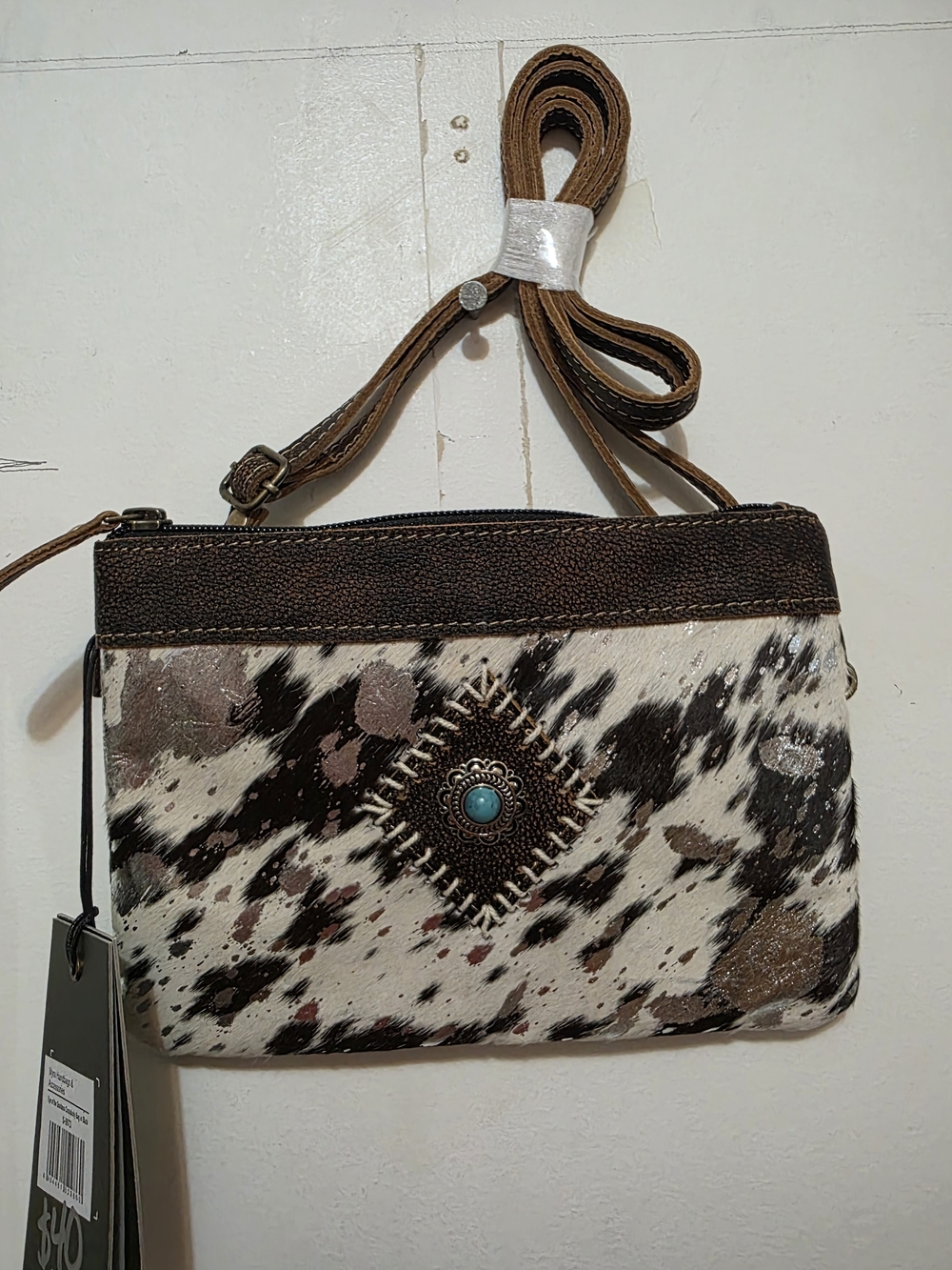 Myra Bag Brown and White Cowhide-Print Crossbody with Turquoise Concho